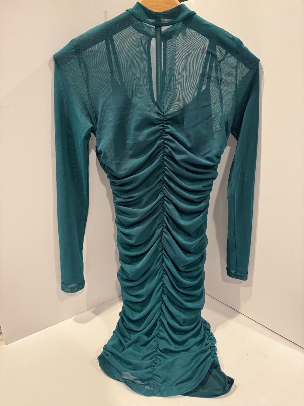 Charlotte Russe Teal Mesh Ruched Bodycon Dress XS Long Sleeve